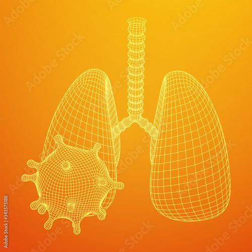 Corona Virus and Lungs with trachea bronchi internal organ human. Covid virus pulmonology medicine science concept. Wireframe low poly mesh vector illustration.