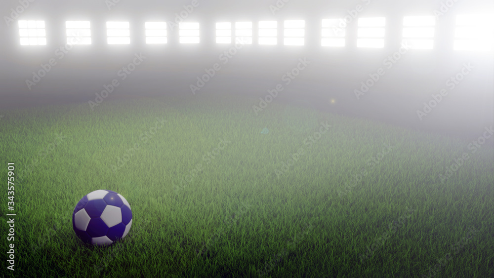 Fototapeta premium Sports stadium due to alarm status and coronavirus quarantine. Ball on the stadium lawn. Quarantine exit waiting sign. 3d illustration for announcing the start of Euro 2020 football championships.