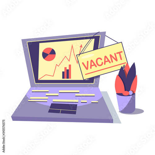 Office vacant job position announcement. Laptop, plant, sign flat isolated vector. Start career opportunity. Recruitment, headhunting. Find clerk work candidate. Employment concept. Empty workplace.