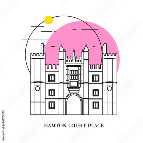 Flat vector illustration of a historic building in London, Simple outline icon design cartoon landmark for vacation travel trip tourist attractions. Hamton Court Place, London England.