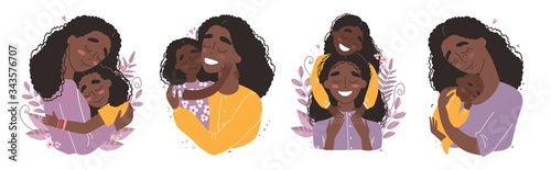 Mothers day greeting card, black african american mother hugs baby