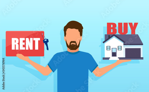 Vector of a man making a decision to rent or buy a house