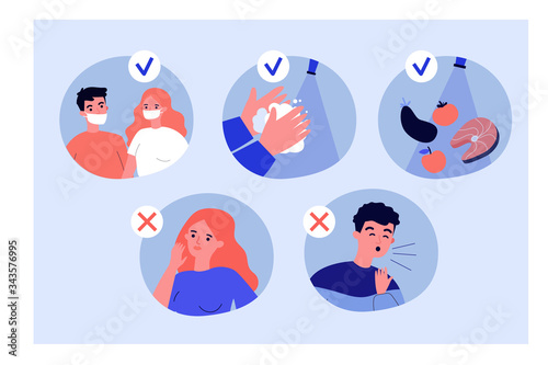 Coronavirus protection tips. People wearing masks, washing hands, coughing, suffering from flu symptoms. Vector illustration for 2019-ncov spreading, health, safety concept
