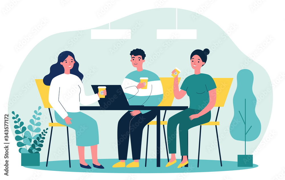 Happy young people drinking coffee together at lunch flat vector illustration. Meeting of company employees at office for work. Teamwork and communication concept.