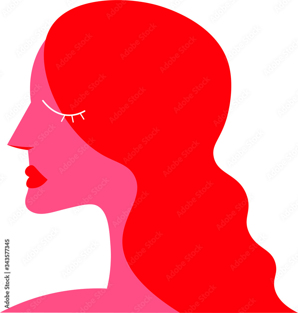 Red girl in profile, long hair, lips. Icon of a woman's head. Red girl in profile, long hair, lips. Icon of a woman's head.