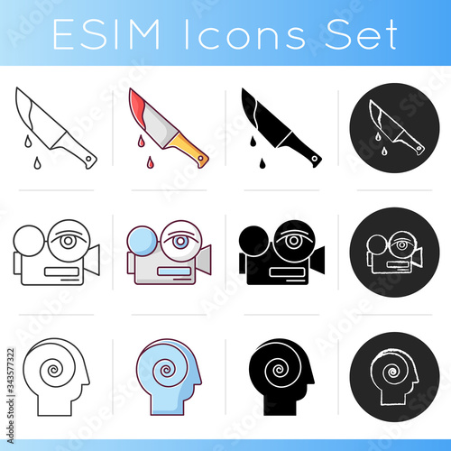 Independent movies icons set. Linear, black and RGB color styles. Cinema genres for non broad audiences. Thriller films, arthouse and philosophical picture. Isolated vector illustrations.