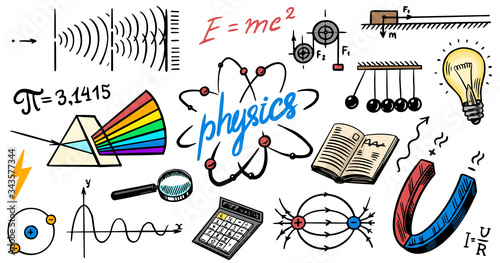 Physics or education concept. Icons and formulas set. Atomic nuclear experiments. spectrum. School test or lab. Hand drawn doodle symbols. Spectrum, Magnetism, Mechanics. Science background or banner