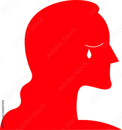 Red silhouette of a woman with long hair. Girl icon. Red figure on a white background. White lips  painted lashes. A white tear.
