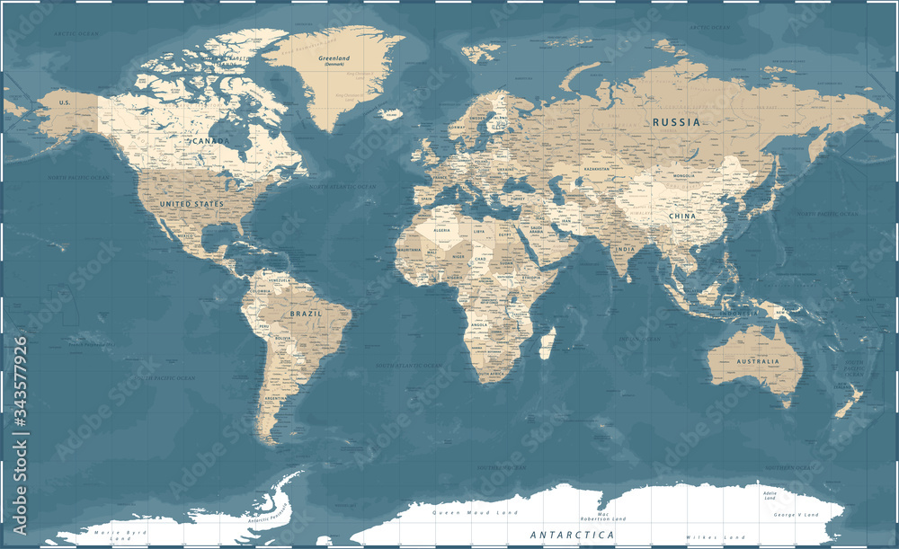 World Map - Vintage Political - Vector Detailed Illustration Stock ...
