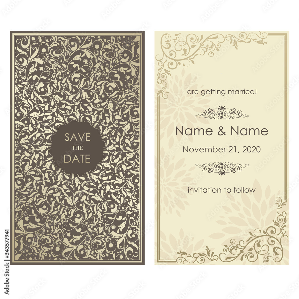 Obraz premium Wedding Invitation and save the date card baroque style. Vintage Pattern. Retro Victorian ornament. Frame with flowers elements. Vector illustration.