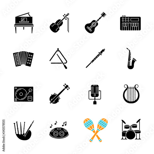 Orchestral instrument black glyph icons set on white space