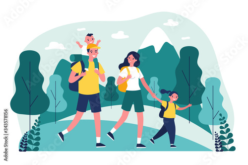 Active happy family travelling together in mountains flat vector illustration. Father, mother and children hiking and camping with backpack at nature. Trip and holiday concept.