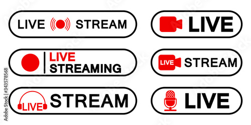 Set of live streaming icons, red symbols and buttons of live streaming, broadcasting, online stream, third template for tv, shows, movies and live performances vector illustration