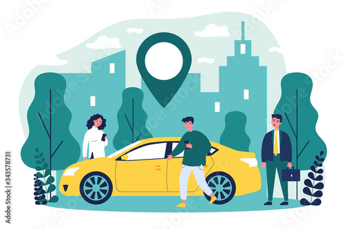 Commuters sharing car in city. People searching vehicle with location pointer. Vector illustration for transport rent, transfer, automobile, travel concept