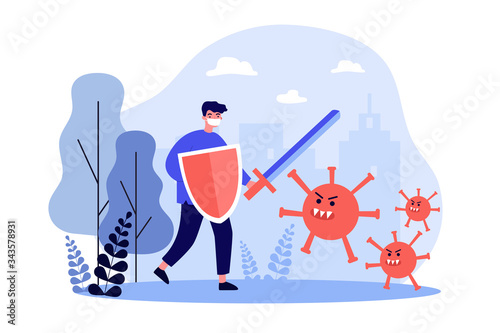 Brave man wearing medical face mask, holding shield and sword, fighing against virus cartoon character. Vector illustration for coronavirus, protection, epidemic, pandemic concept