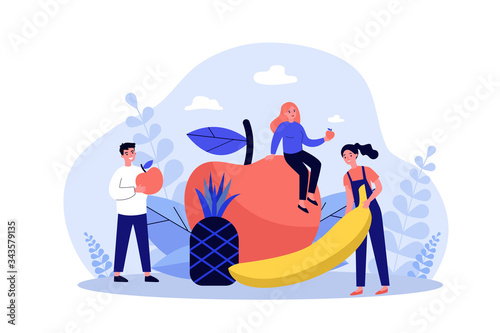 Happy people keeping healthy diet. Men and women holding fruits, apple, pineapple, banana. Vector illustration for fitness, dietitian nutrition, organic food concept
