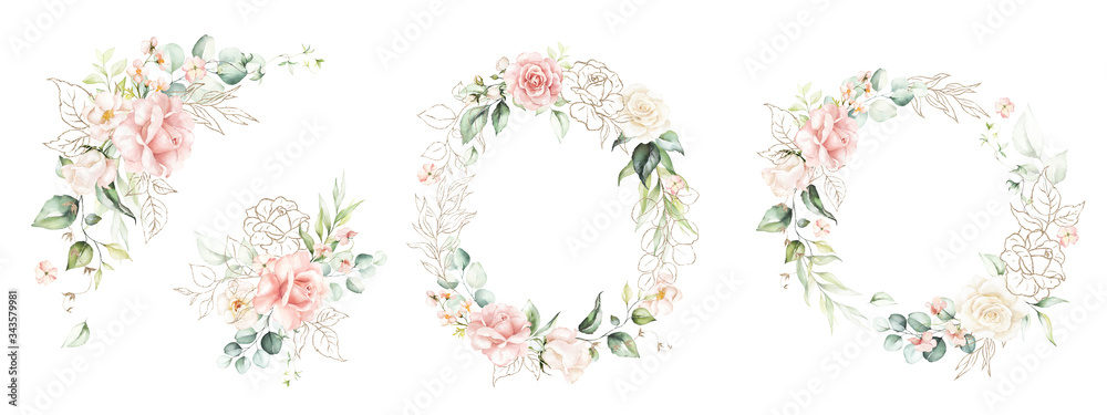 Watercolor floral wreath / frame / bouquet set with green leaves, gold shapes, pink peach blush flowers and branches, for wedding stationary, wallpapers, fashion. Eucalyptus, olive, green leaves, rose