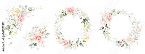 Watercolor floral wreath   frame   bouquet set with green leaves  gold shapes  pink peach blush flowers and branches  for wedding stationary  wallpapers  fashion. Eucalyptus  olive  green leaves  rose