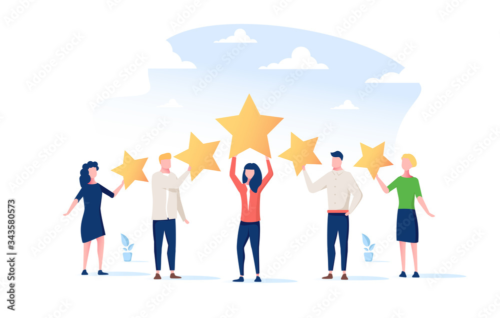 Happy people are holding review stars over their heads. Five stars rating. Customer review rating and client feedback