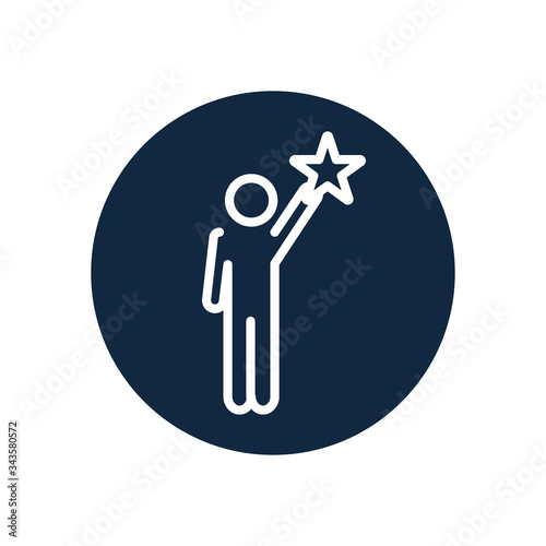 pictogram man holding up a star icon, line block style