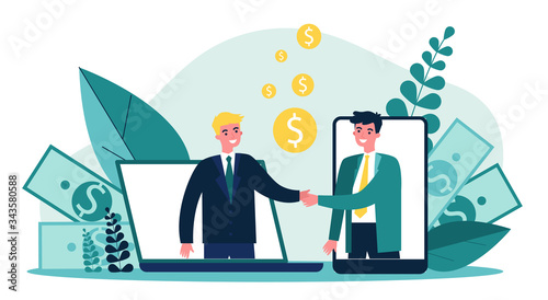 Partners shaking hands flat vector illustration. Businessman and sponsor beginning startup. Partnership, teamwork and relationship concept.