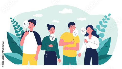 Depressed guy and girls holding positive masks on sticks. Sad people covering unhappy faces. Vector illustration for emotion, personality, psychology, disguise concept