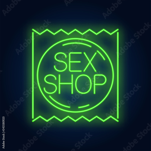 Sex shop neon sign. Condom package on brick wall. Night bright advertisement. Vector illustration in neon style for contraception and safe sex