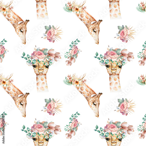 Giraffe pattern Hand drawn watercolor cartoon giraffe tropical animal isolated illustration. Jungle exotic summer design photo