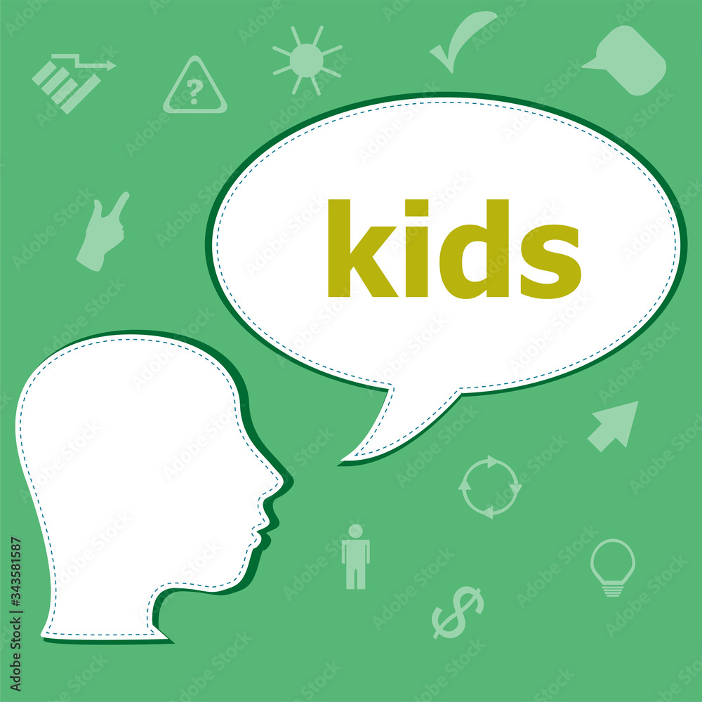 Text Kids on digital background. Education concept . Head with speech bubble Text Kids on digital background. Education concept . Head with speech bubble