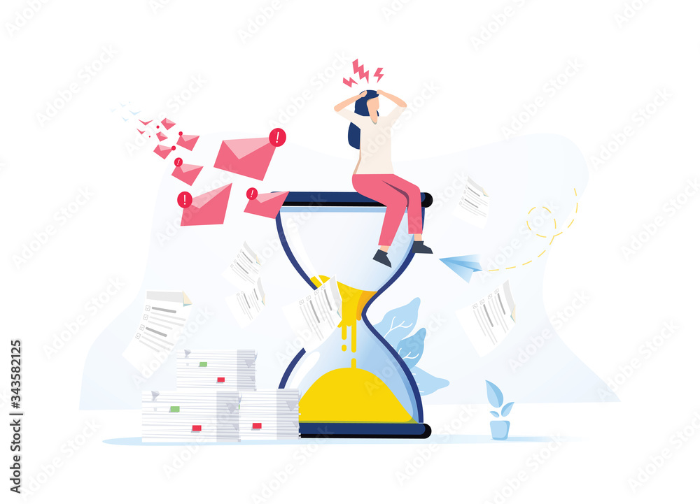 Tired and exasperated business woman is sitting on an hourglass and grabbed his head with business process icons