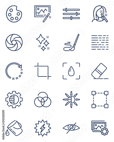 Image editing thin icon set. Filter, contrast, face retouching, palette, brush. Line icons for camera adjusting, setup, photography, application concept