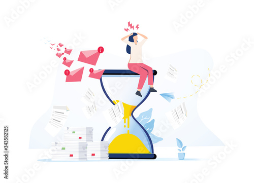 Tired and exasperated business woman is sitting on an hourglass and grabbed his head with business process icons
