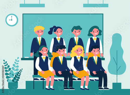 Happy students posing for photo in classroom. Cheerful teen girls and guys in school uniforms sitting and standing at blackboard. Vector illustration for photography, classmates, education concept