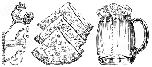 Traditional Russian food. Pancakes with caviar, Cup of beer and sweets with a cockerel. Moscow cuisine. Hand drawn sketch. Top view. Engraved monochrome vector illustration.
