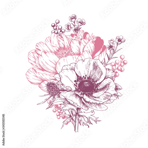 Fototapeta Naklejka Na Ścianę i Meble -  Elegant flower arrangement with anemone and peony. Vector hand drawn floral design element.