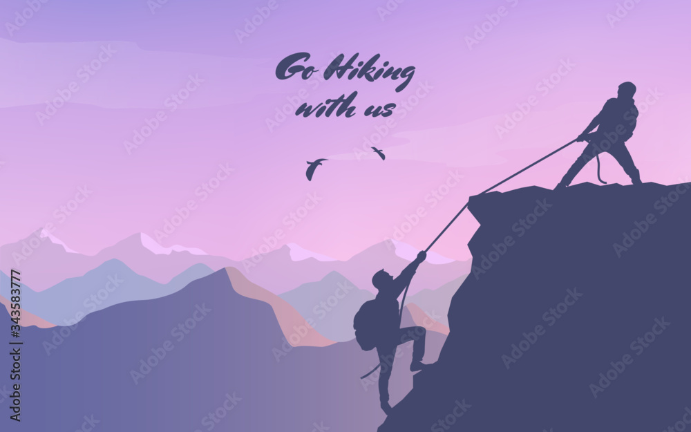 Fototapeta premium Adventure in the mountains. Assist a friend when climbing to the top. Hand of support. Friendship. Silhouette traveling people. Climbing on mountain. Vector illustration hiking and climbing team