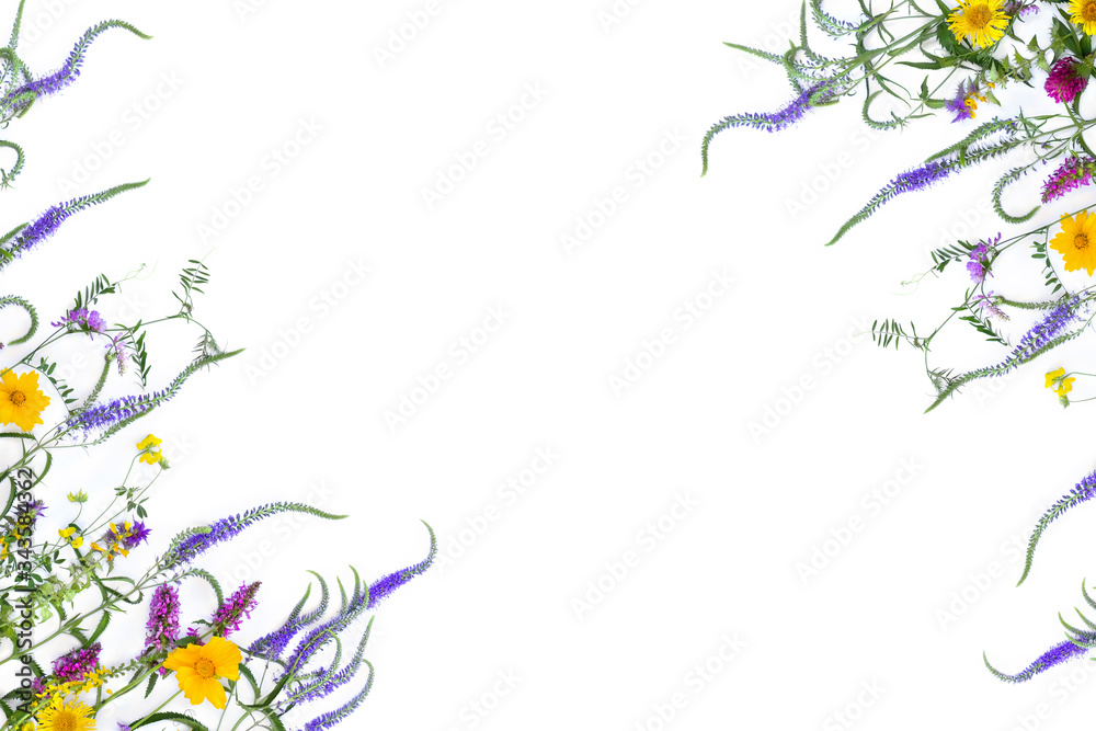 Frame of wildflowers yellow, blue, pink on a white background with space for text. Top view, flat lay