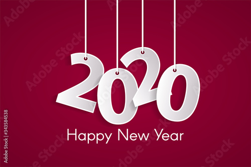 Happy New Year 2020 concept with paper cuted white numbers on ropes. Origami pink style numbers. Christmas and Chinese New Year decor