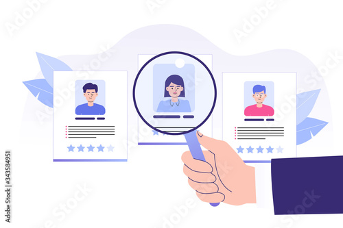 We are hiring concept. Hand pointing big magnifier to perfect candidate. Job hiring. Online recruitment and headhunting agency concept. Interview. Hiring employees. Web banner. Vector illustration 