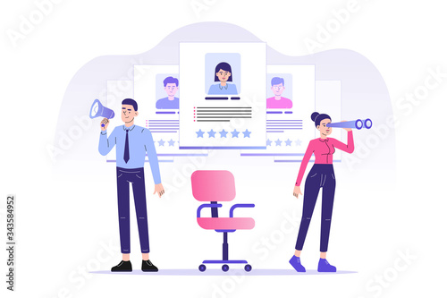We are hiring concept. Young HR man shout out with megaphone and woman looking for perfect candidate with binoculars. Job hiring. Online recruitment and headhunting agency concept. Vector illustration