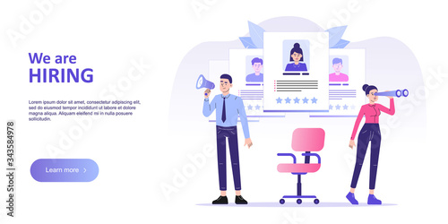 We are hiring web landing page template. Young HR man shout out with megaphone and HR woman looking with binoculars. Job hiring. Online recruitment and headhunting agency concept. Vector illustration