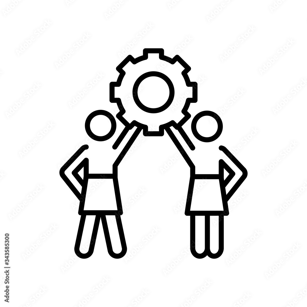 pictogram women holding up a gear icon, line style pictogram women holding up a gear icon, line style