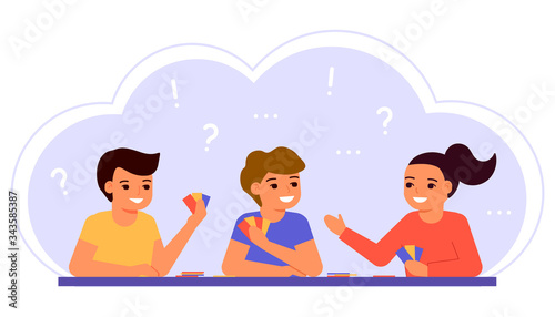Young caucasian little children sit at table and play board game with cards at home. Children boy and girl holiday and isolation concept. Cartoon vector illustration isolated on white background