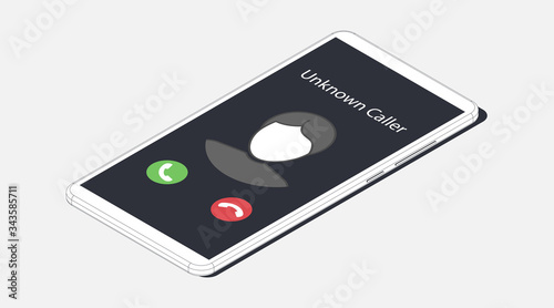 Unknown caller. Isometric vector illustration. Realistic white outline smartphone. 3d model isolated on a gray background. Phone interface with two icons accept or reject a call