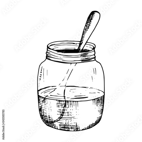 jar with spoon and jam drawing. isolated vector sketch icon