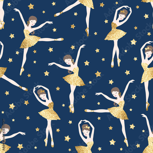Ballet dance seamless pattern with cute ballerinas in gold glitter tutu dresses and stars on blue background