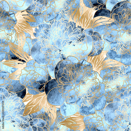 Vector floral seamless pattern with blue watercolor and gold peony flowers