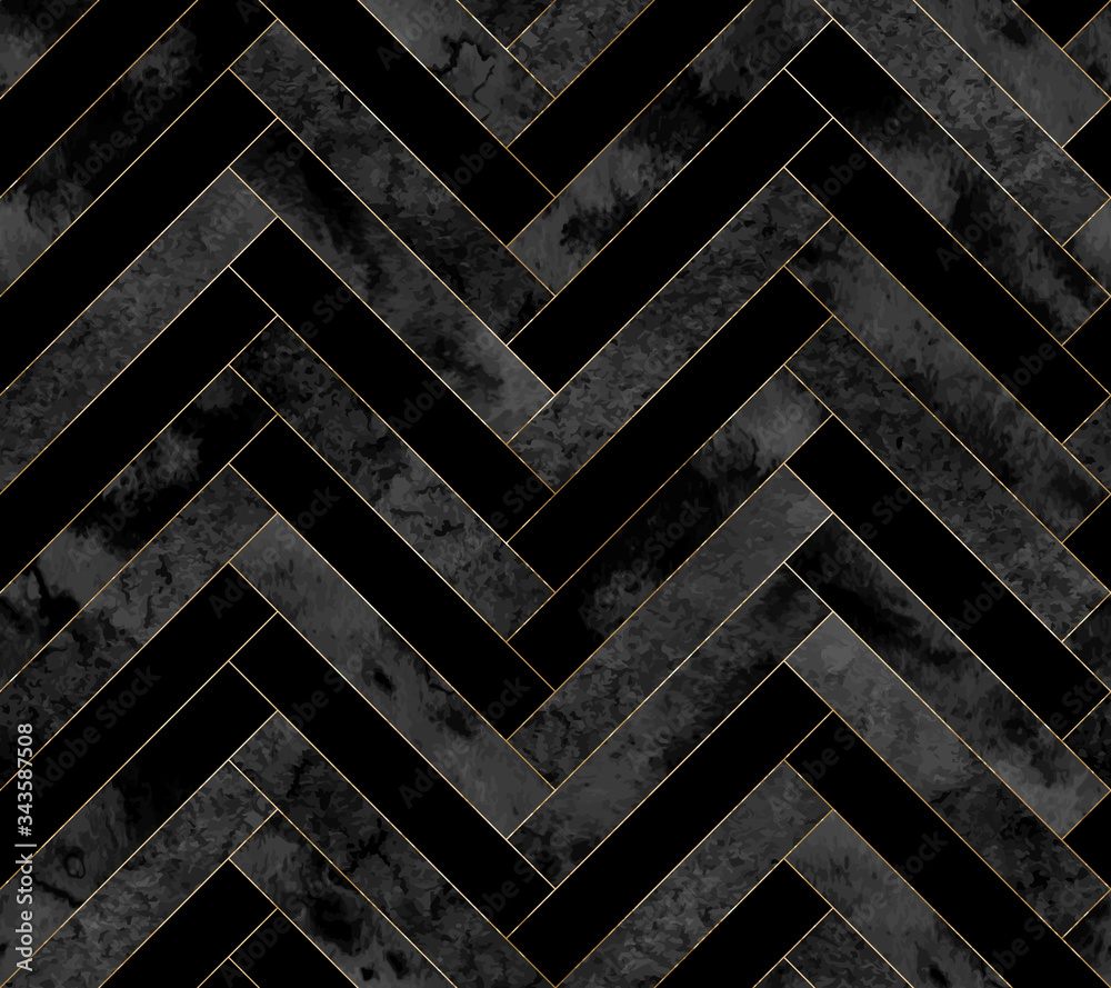Seamless abstract zigzag geometric herringbone pattern with watercolor and gold lines on black background - obrazy, fototapety, plakaty 