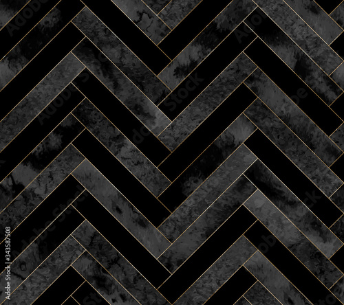 Seamless abstract zigzag geometric herringbone pattern with watercolor and gold lines on black background © Tamiris