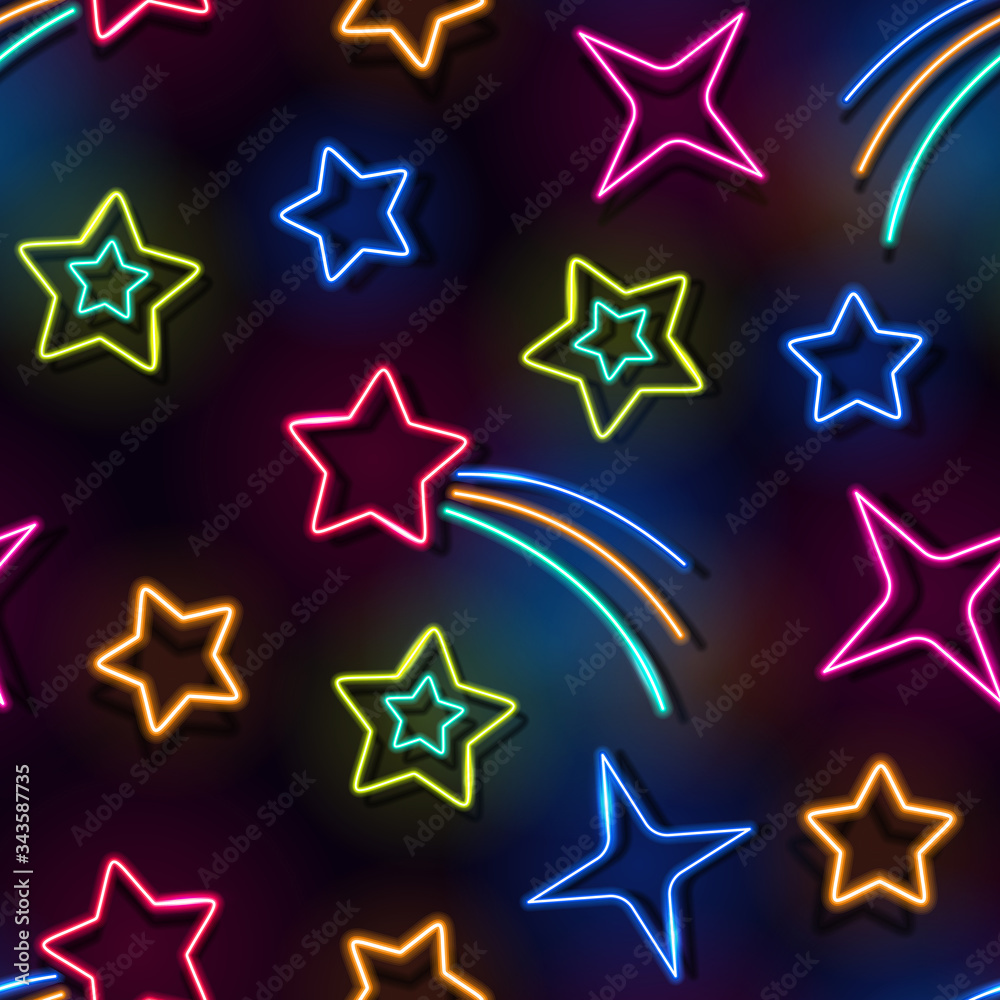 Seamless space neon lamps pattern. Glowing comets, constellations and stars on black background